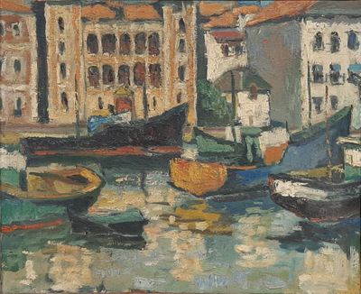 a painting of boats in a harbor with buildings in the background