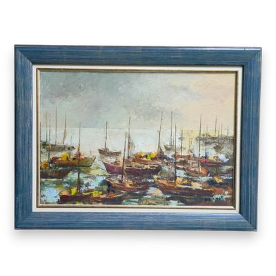 an oil painting of a harbor scene with boats in the water