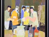 an oil painting of a group of people standing around a table