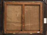 an old wooden frame with a window and a brown cloth covering it