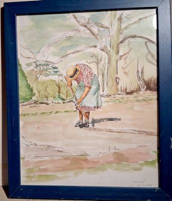 Aquarelle sur papier (30x24 cm), « Vieille dame travaillant …
