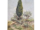 a painting of a lone tree in the middle of a field