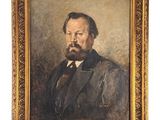 un tableau représentant un homme barbu en costume-cravate