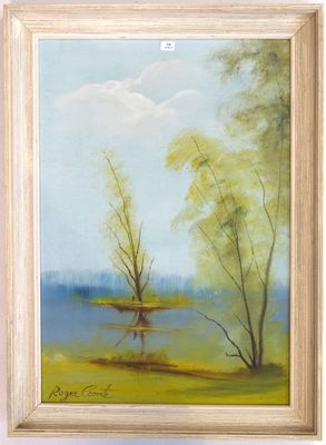 an oil painting of a pond and trees in a field