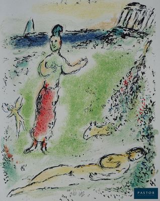 a painting of a woman and a dog on the beach