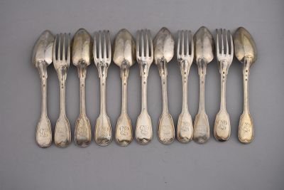 eight silverplated forks and spoons are lined up on a table