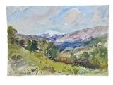 watercolor painting of a view of a mountain range in the distance