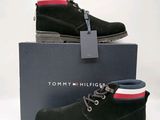 tommy hilfiger black sued boots with red, white, and blue stripes