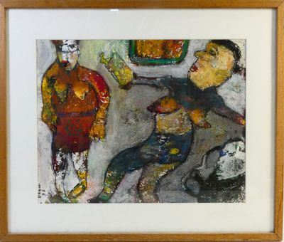 tableau représentant un homme et une femme dans une cuisine, avec un chien au premier plan