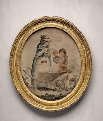 an old picture of a woman with a child in a wheelbarrow