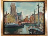 un tableau représentant des bateaux dans un port, avec une église en arrière-plan