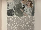 illustration of a man kissing a woman in front of an open book