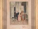 painting of a group of people standing in a room with a dog
