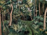 une peinture à l'huile représentant une scène forestière traversée par un ruisseau