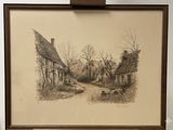 dessin d'une scène de village avec des moutons broutant devant une maison