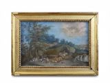 an oil painting of a landscape with figures and animals in a wooded setting