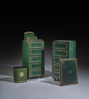 three pieces of green and gold painted furniture on a white surface