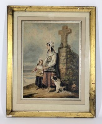 an old painting of a woman and a dog in a landscape