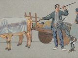 a painting of a man on a horse pulling a cart with a man on it