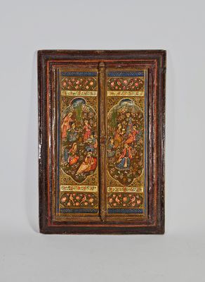Miroir à deux vantaux peints de scènes de danse dans des rés…