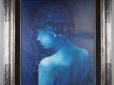 an oil painting of a woman in a blue dress is hanging on a wall