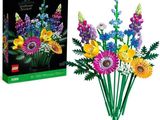 Des bouquets de fleurs en Lego sont exposés devant une boîte