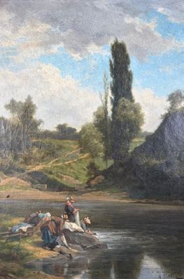 un tableau représentant un groupe de personnes assises au bord d'une rivière