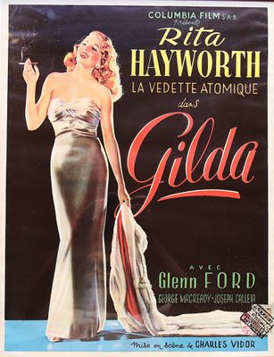 une vieille affiche de cinéma représentant une femme en robe de soirée en train de fumer une cigarette