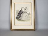 an old picture of a woman in a dress is hanging on a wall