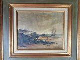 an image of a painting of a boat on the beach