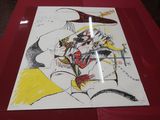 a drawing of a woman riding a horse on a red table