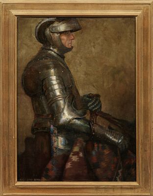 un tableau représentant un homme en armure tenant une épée