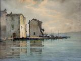 a painting of a boat in the water near a building