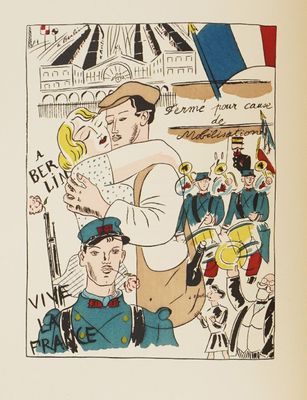 drawing of a man holding a child in front of a crowd of soldiers