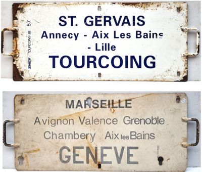 two signs on a white background that say st gervais, annecy, aux les bains, tourcoing