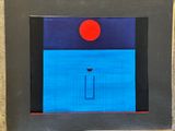 une image représentant un tableau où l'on voit un soleil rouge au-dessus d'un océan bleu