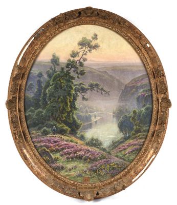 an image of a painting of a landscape with a river in the distance