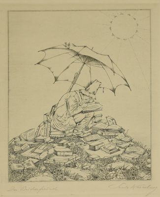 dessin représentant une femme assise sur une pile de livres, tenant un parapluie