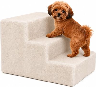 le petit chien est debout sur les marches du panier pour chien