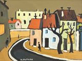 an image of a painting of a street with houses and trees