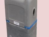 a gray container with a blue handle on it
