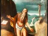an image of a painting of a man sitting on a rock