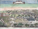 un vieux dessin représentant une vue de la ville depuis une colline