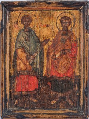 un vieux tableau représentant deux hommes debout l'un à côté de l'autre