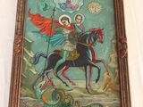 an image of a painting of a man riding a horse with a dragon on the back