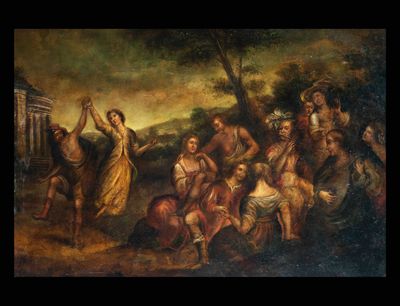 un tableau représentant un groupe de personnes rassemblées autour d'un homme à cheval