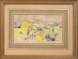 une image représentant une peinture d'une maison jaune dans un champ