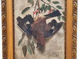 painting of a bird on a branch with leaves and berries