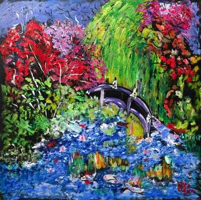 une peinture représentant une peinture d'un pont enjambant une rivière