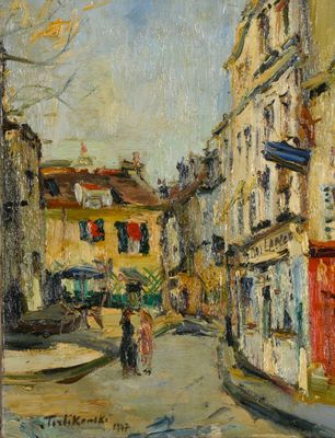 an image of a painting of people walking down a street